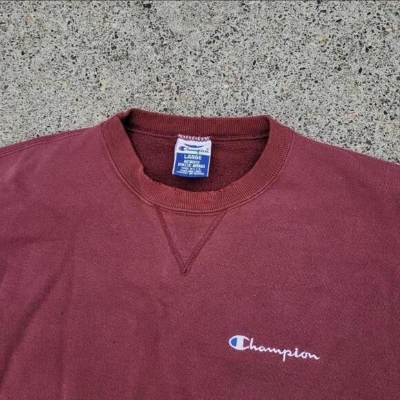 Vtg 90s CHAMPION Small Spellout Logo Burgundy Plain Crewneck Sweatshirt L USA - Picture 2 of 4